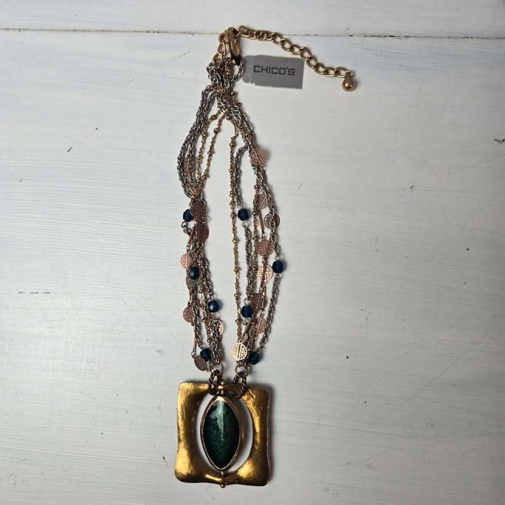 Chicos Multi Strand Statement Pendant Necklace Mixed Metal Blue Bead‎ Green NWT